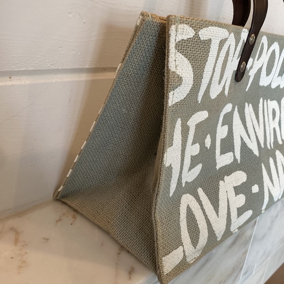 Stop Polution Love Nature Gray Burlap Tote Bag - Picture 7 of 10